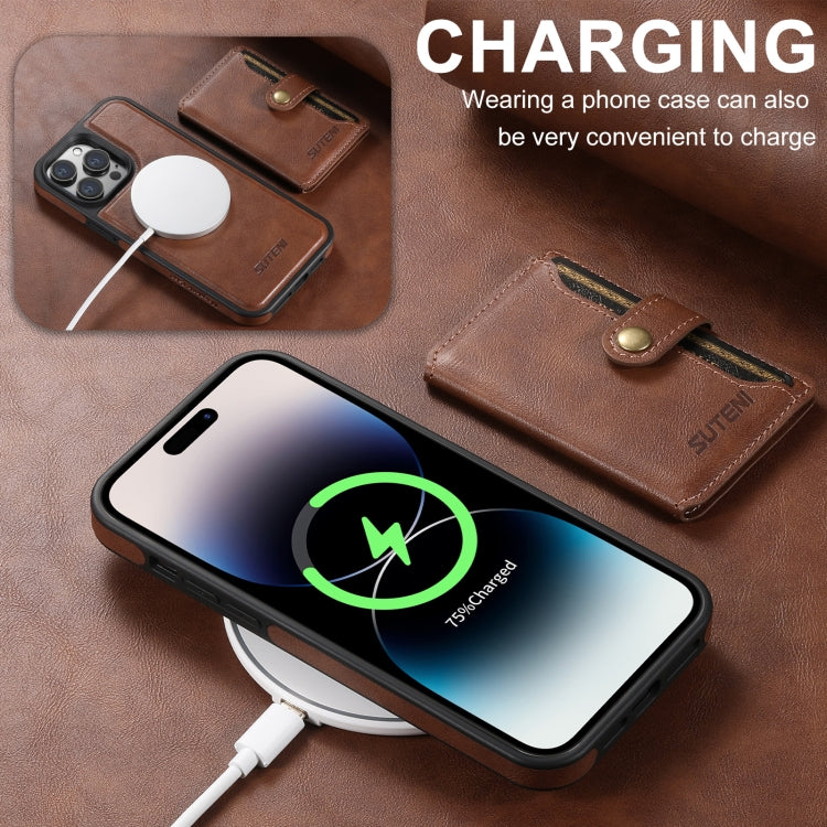 Pour iPhone 16 Pro Étui de téléphone avec porte-cartes horizontal détachable Suteni M1 Oil Wax MagSafe (Marron)