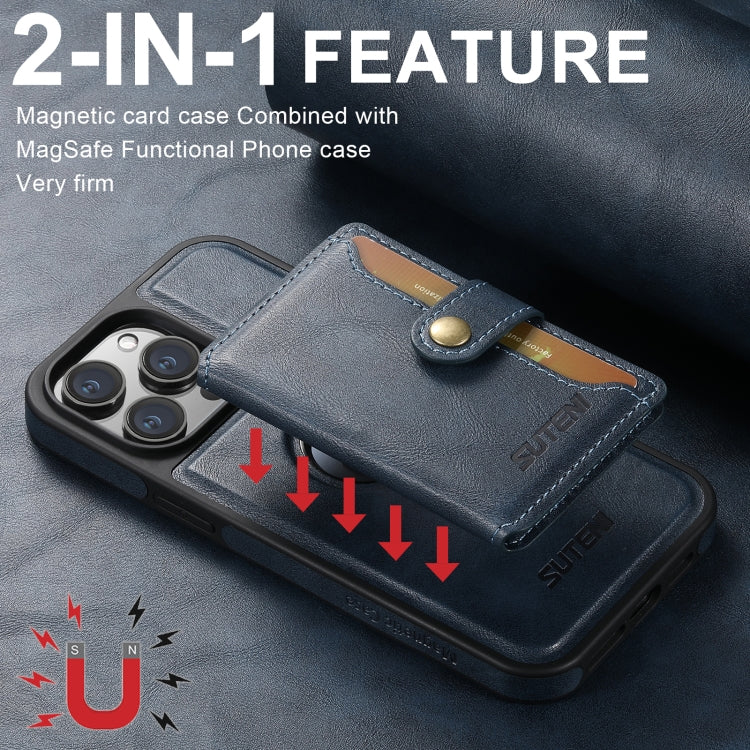 For iPhone 16 Pro Suteni M1 Oil Wax MagSafe Detachable Horizontal Card Bag Phone Case(Blue)
