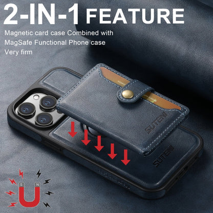 For iPhone 16 Pro Suteni M1 Oil Wax MagSafe Detachable Horizontal Card Bag Phone Case(Blue)