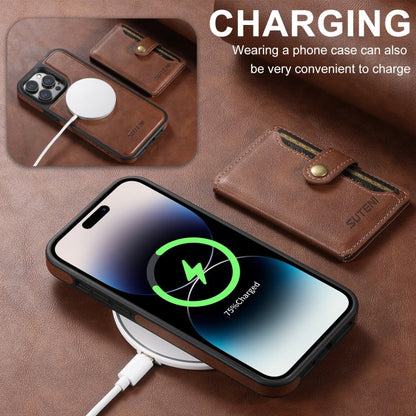 For iPhone 16 Plus Suteni M1 Oil Wax MagSafe Detachable Horizontal Card Bag Phone Case(Brown)