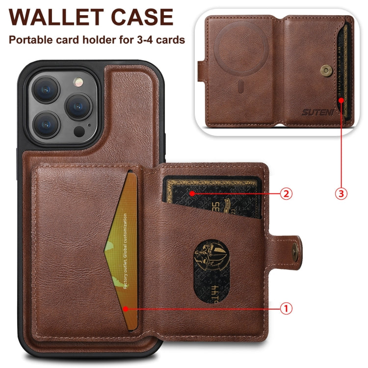 For iPhone 16 Pro Suteni M1 Oil Wax MagSafe Detachable Horizontal Card Bag Phone Case(Blue)