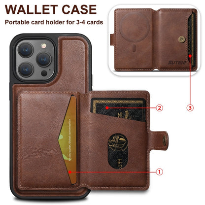For iPhone 16 Pro Suteni M1 Oil Wax MagSafe Detachable Horizontal Card Bag Phone Case(Blue)
