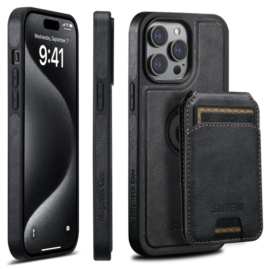 For iPhone 15 Pro Suteni M2 Oil Wax MagSafe Horizontal Card Bag Phone Case(Black)