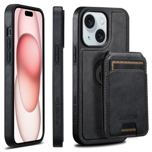 For iPhone 15 Plus Suteni M2 Oil Wax MagSafe Horizontal Card Bag Phone Case(Black)