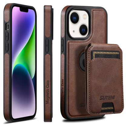 For iPhone 14 Plus Suteni M2 Oil Wax MagSafe Horizontal Card Bag Phone Case(Brown)