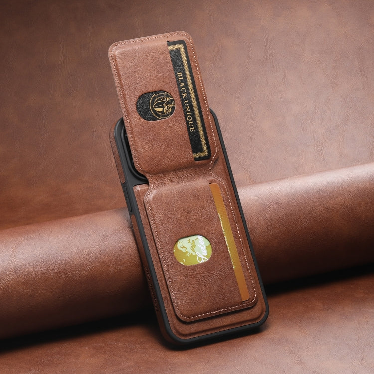 For iPhone 14 Plus Suteni M2 Oil Wax MagSafe Horizontal Card Bag Phone Case(Brown)