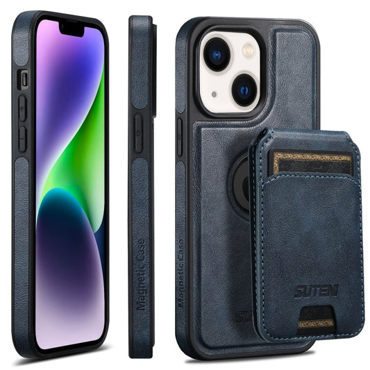 Pour iPhone 14 Plus Étui de téléphone avec porte-cartes horizontal MagSafe en cuir huilé Suteni M2 (Bleu)