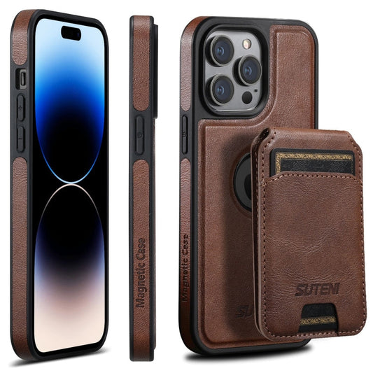 Pour iPhone 14 Pro Max Étui de Téléphone Suteni M2 en Cuir Huilé avec Fente pour Carte Horizontale et MagSafe (Marron)