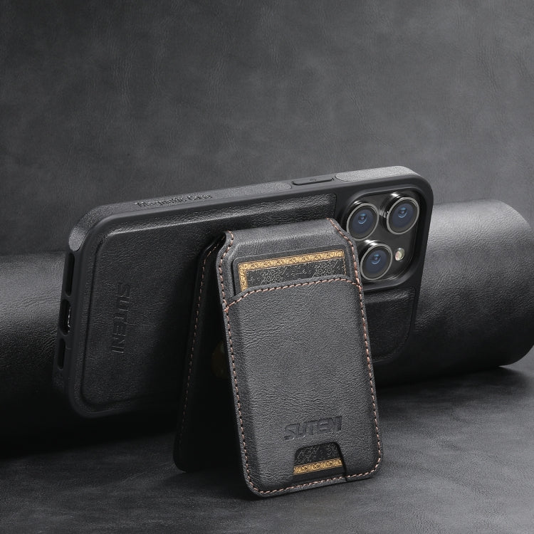 For iPhone 13 Pro Max Suteni M2 Oil Wax MagSafe Horizontal Card Bag Phone Case(Black)