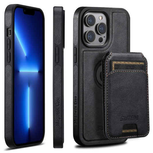Pour iPhone 13 Pro Étui Suteni M2 en cuir huilé avec fente pour cartes MagSafe et support horizontal (Noir)