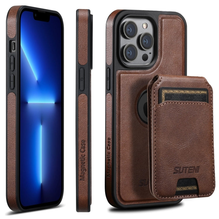 Pour étui de téléphone iPhone 13 Pro Suteni M2 en cuir huilé MagSafe avec porte-cartes horizontal (marron)