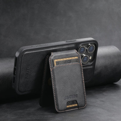 For iPhone 13 Suteni M2 Oil Wax MagSafe Horizontal Card Bag Phone Case(Black)