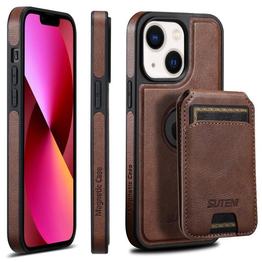Pour iPhone 13 Étui Suteni M2 en cuir huilé MagSafe avec porte-cartes horizontal (Marron)