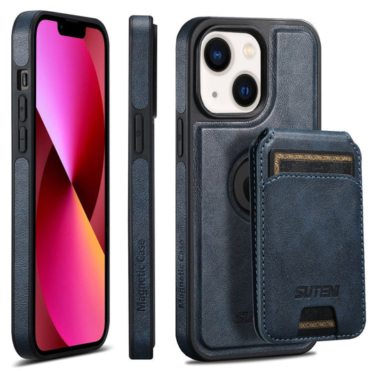 Pour iPhone 13 Étui Suteni M2 en cuir huilé, étui de téléphone MagSafe avec porte-cartes horizontal (Bleu)