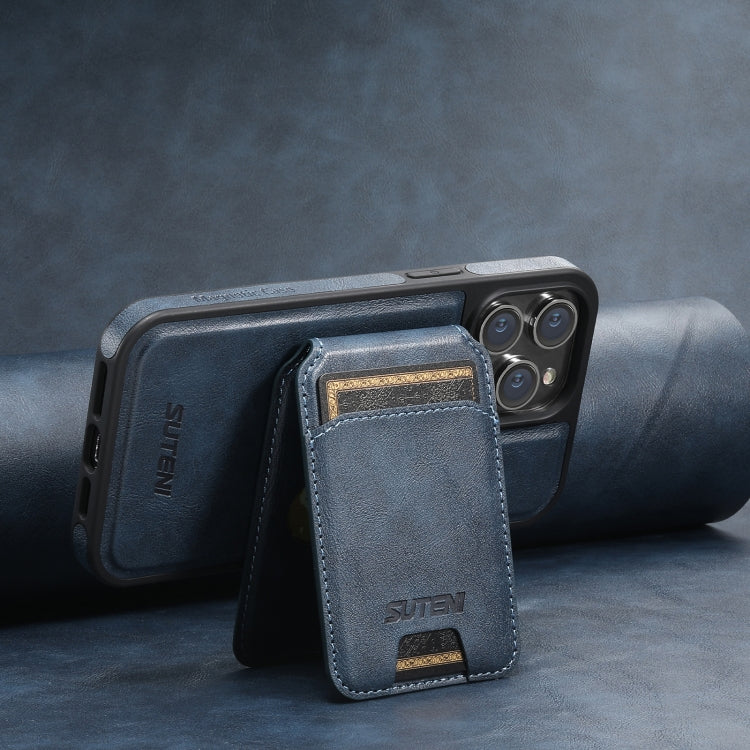 For iPhone 13 Suteni M2 Oil Wax MagSafe Horizontal Card Bag Phone Case(Blue)