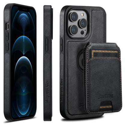 For iPhone 12 Pro Max Suteni M2 Oil Wax MagSafe Horizontal Card Bag Phone Case(Black)