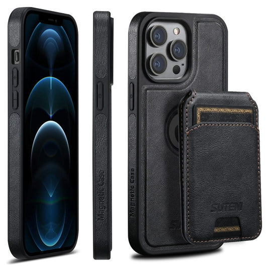 Pour iPhone 12 Pro Max Étui Suteni M2 en Cuir Huilé avec Fente pour Carte Horizontale et MagSafe (Noir)