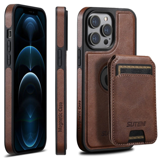 Pour iPhone 12 Pro Max Suteni M2 Étui de téléphone en cuir huilé MagSafe avec porte-cartes horizontal (marron)