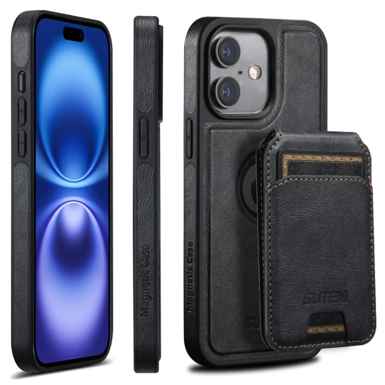 For iPhone 16 Suteni M2 Oil Wax MagSafe Horizontal Card Bag Phone Case(Black)