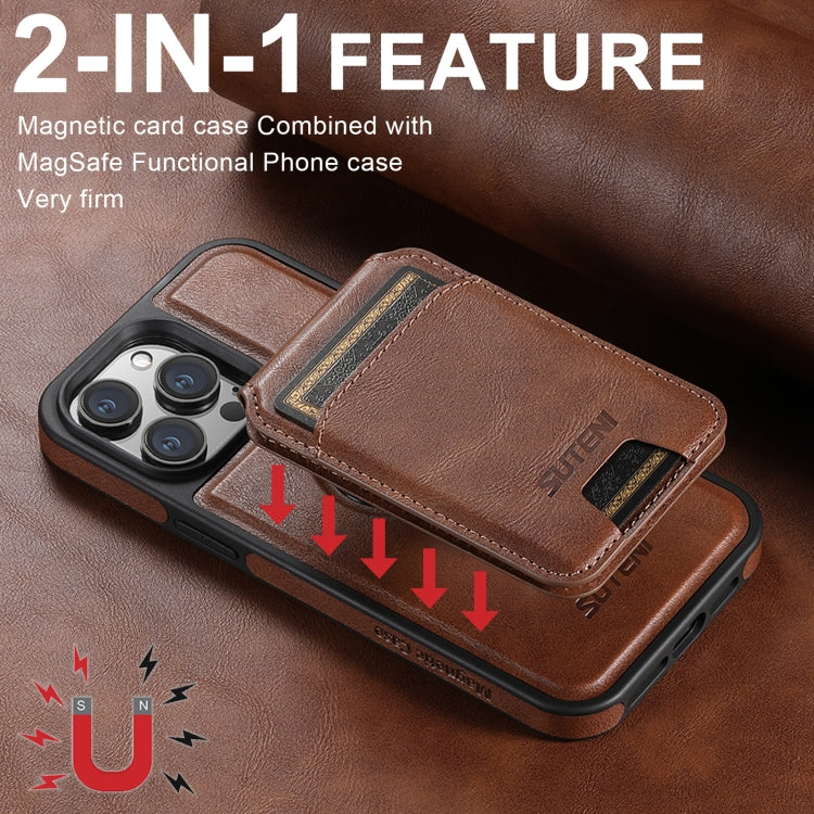 For iPhone 16 Suteni M2 Oil Wax MagSafe Horizontal Card Bag Phone Case(Brown)