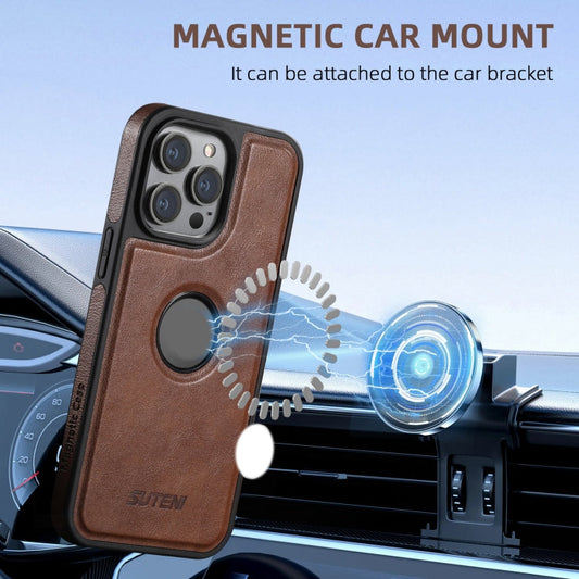 For iPhone 16 Pro Suteni M2 Oil Wax MagSafe Horizontal Card Bag Phone Case(Brown)