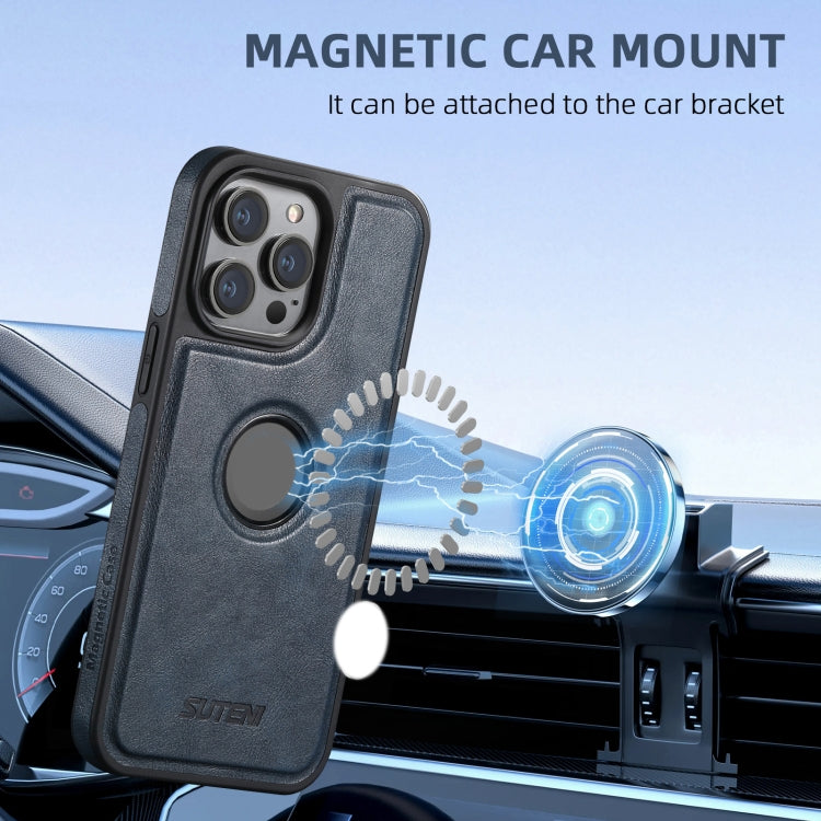 For iPhone 16 Pro Suteni M2 Oil Wax MagSafe Horizontal Card Bag Phone Case(Blue)