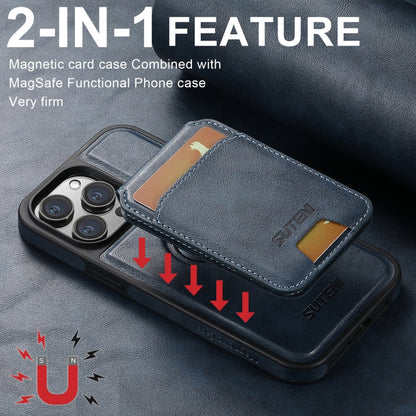 For iPhone 16 Pro Suteni M2 Oil Wax MagSafe Horizontal Card Bag Phone Case(Blue)