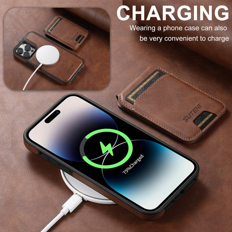 For iPhone 16 Pro Max Suteni M2 Oil Wax MagSafe Horizontal Card Bag Phone Case(Brown)