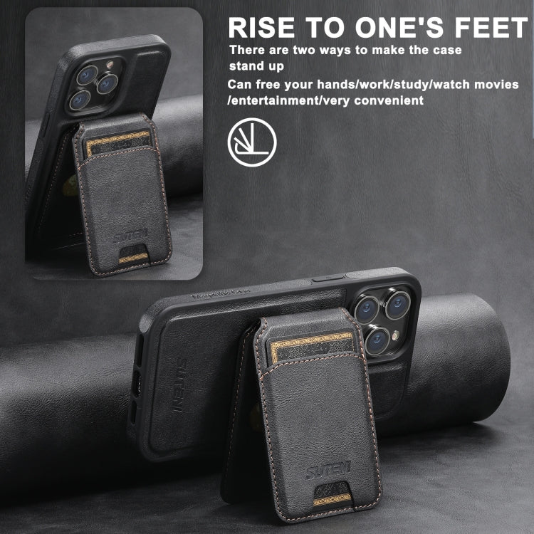 For iPhone 12 Pro Suteni M2 Oil Wax MagSafe Horizontal Card Bag Phone Case(Black)