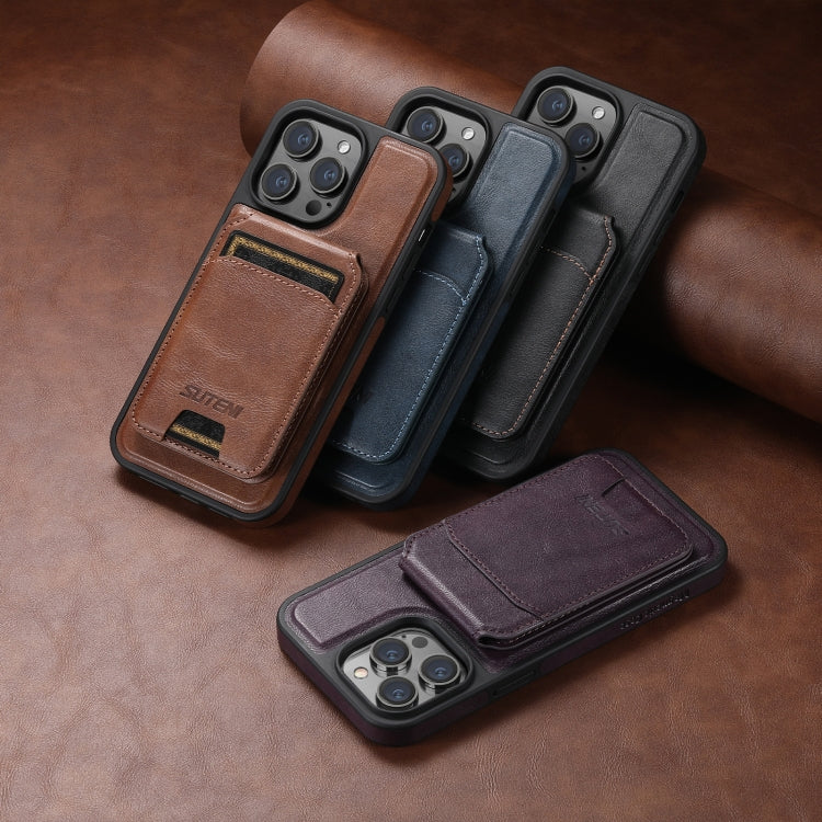 Pour étui de téléphone iPhone 13 Pro Suteni M2 en cuir huilé MagSafe avec porte-cartes horizontal (marron)