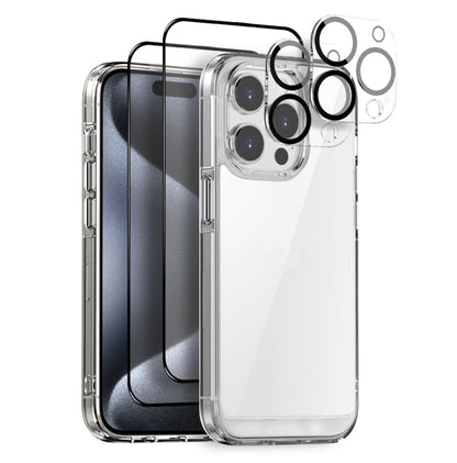 Pour iPhone 15 Pro Max NORTHJO Coque de Téléphone Transparente 5 en 1 avec 2 Films de Protection d'Écran + 2 Films de Protection d'Objectif Arrière