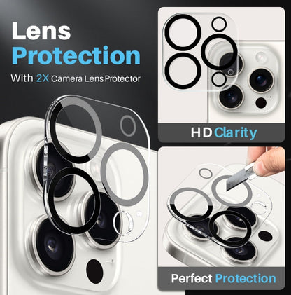 Pour iPhone 15 Pro Max NORTHJO Coque de Téléphone Transparente 5 en 1 avec 2 Films de Protection d'Écran + 2 Films de Protection d'Objectif Arrière