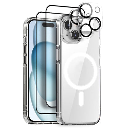 For iPhone 15 NORTHJO 5 in 1 Magsafe Clear Phone Case with 2pcs Screen Film + 2pcs Rear Lens Film