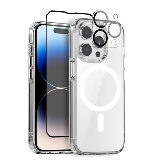 Pour iPhone 14 Pro Max NORTHJO Étui transparent Magsafe 3 en 1 avec film protecteur d'écran et film protecteur d'objectif arrière