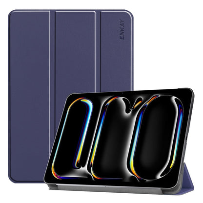 For iPad Pro 13 2025 / 2024 ENKAY Tri-fold Custer Texture Platic Leather Smart Tablet Case(Dark Blue)
