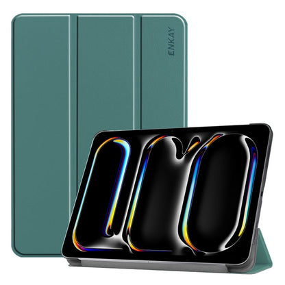 For iPad Pro 13 2025 / 2024 ENKAY Tri-fold Custer Texture Platic Leather Smart Tablet Case(Dark Green)