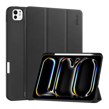 For iPad Pro 11 2025 / 2024 ENKAY Tri-fold Custer Texture TPU Leather Smart Tablet Case with Pen Slot(Black)