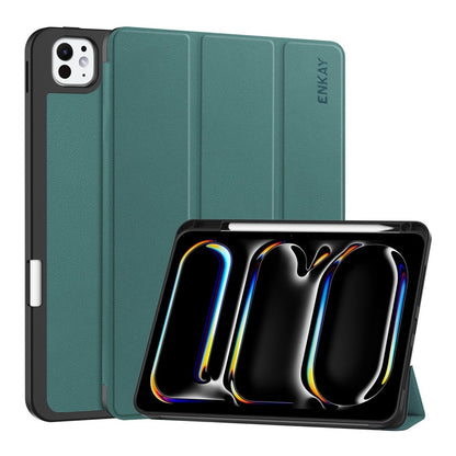 For iPad Pro 11 2025 / 2024 ENKAY Tri-fold Custer Texture TPU Leather Smart Tablet Case with Pen Slot(Dark Green)