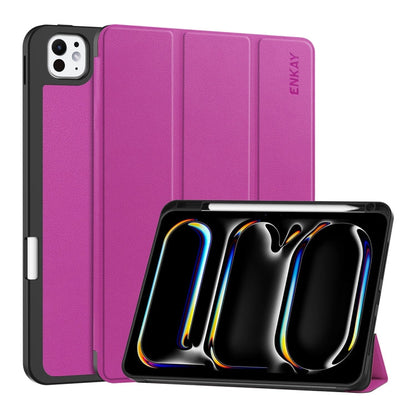 For iPad Pro 11 2025 / 2024 ENKAY Tri-fold Custer Texture TPU Leather Smart Tablet Case with Pen Slot(Purple)