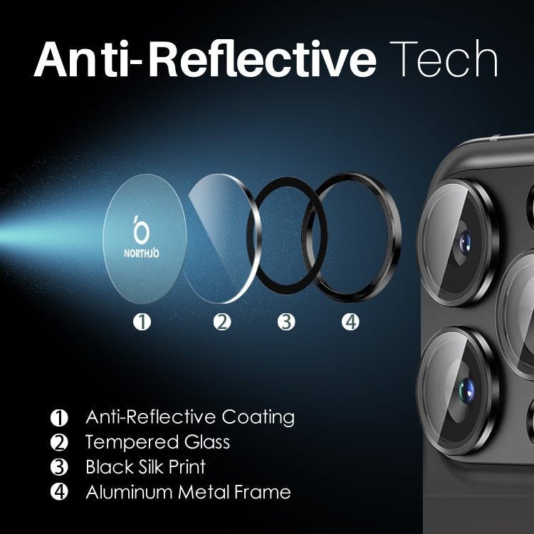 For iPhone 15 Pro / 15 Pro Max NORTHJO 2 Set 6pcs Camera Lens Protector Cover Metal Ring(Black)
