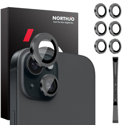 For iPhone 15 / 15 Plus / 14 / 14 Plus NORTHJO 3 Set 6pcs Camera Lens Protector Cover Metal Ring Film(Black)