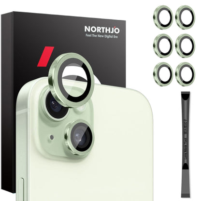 For iPhone 15 / 15 Plus / 14 / 14 Plus NORTHJO 3 Set 6pcs Camera Lens Protector Cover Metal Ring Film(Green)