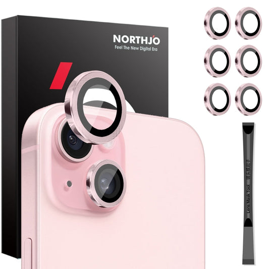 For iPhone 15 / 15 Plus / 14 / 14 Plus NORTHJO 3 Set 6pcs Camera Lens Protector Cover Metal Ring Film(Pink)
