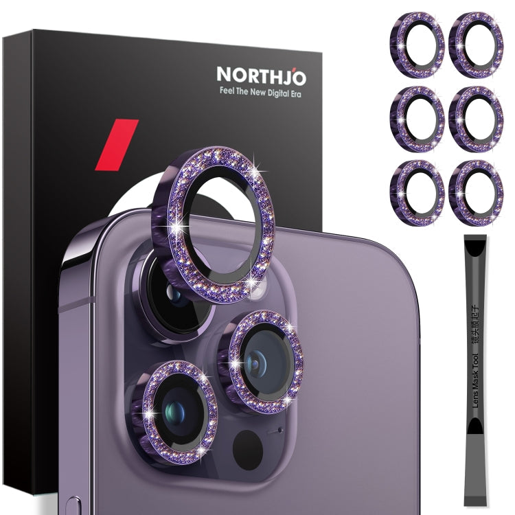 For iPhone 15 Pro / 15 Pro Max NORTHJO 2 Set 6pcs Camera Lens Protector Glitter Metal Ring Film(Purple)