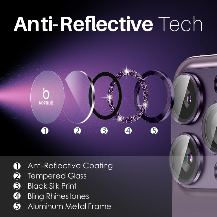 For iPhone 15 Pro / 15 Pro Max NORTHJO 2 Set 6pcs Camera Lens Protector Glitter Metal Ring Film(Purple)