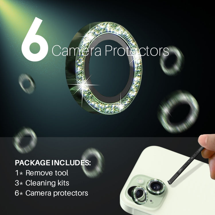 For iPhone 15 / 15 Plus / 14 / 14 Plus NORTHJO 3 Set 6pcs Camera Lens Protector Glitter Metal Ring Film(Green)