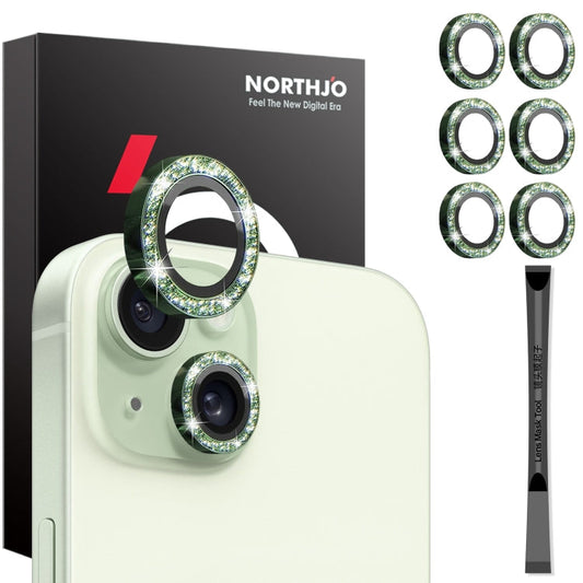 For iPhone 15 / 15 Plus / 14 / 14 Plus NORTHJO 3 Set 6pcs Camera Lens Protector Glitter Metal Ring Film(Green)