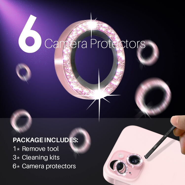 For iPhone 15 / 15 Plus / 14 / 14 Plus NORTHJO 3 Set 6pcs Camera Lens Protector Glitter Metal Ring Film(Pink)