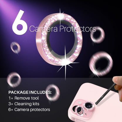 For iPhone 15 / 15 Plus / 14 / 14 Plus NORTHJO 3 Set 6pcs Camera Lens Protector Glitter Metal Ring Film(Pink)
