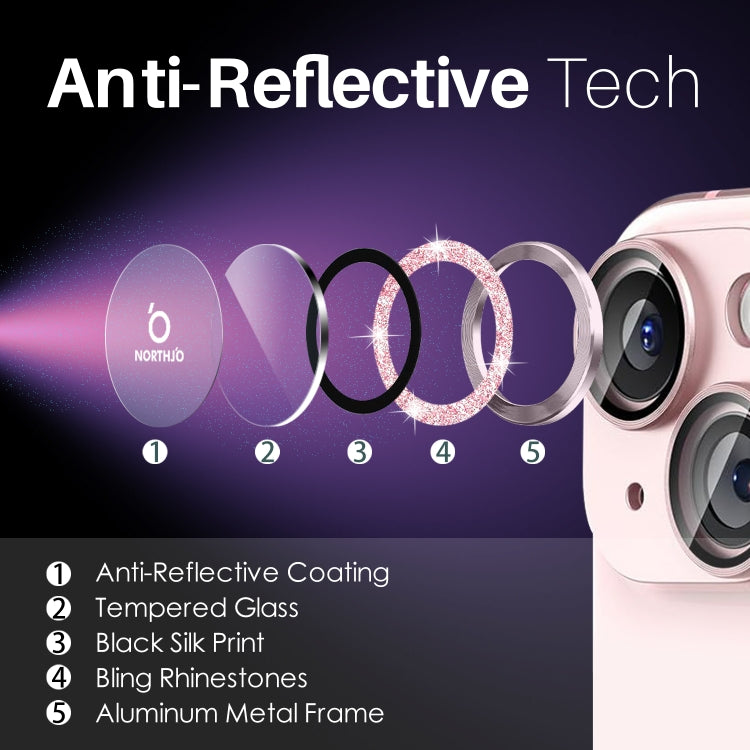 For iPhone 15 / 15 Plus / 14 / 14 Plus NORTHJO 3 Set 6pcs Camera Lens Protector Glitter Metal Ring Film(Pink)